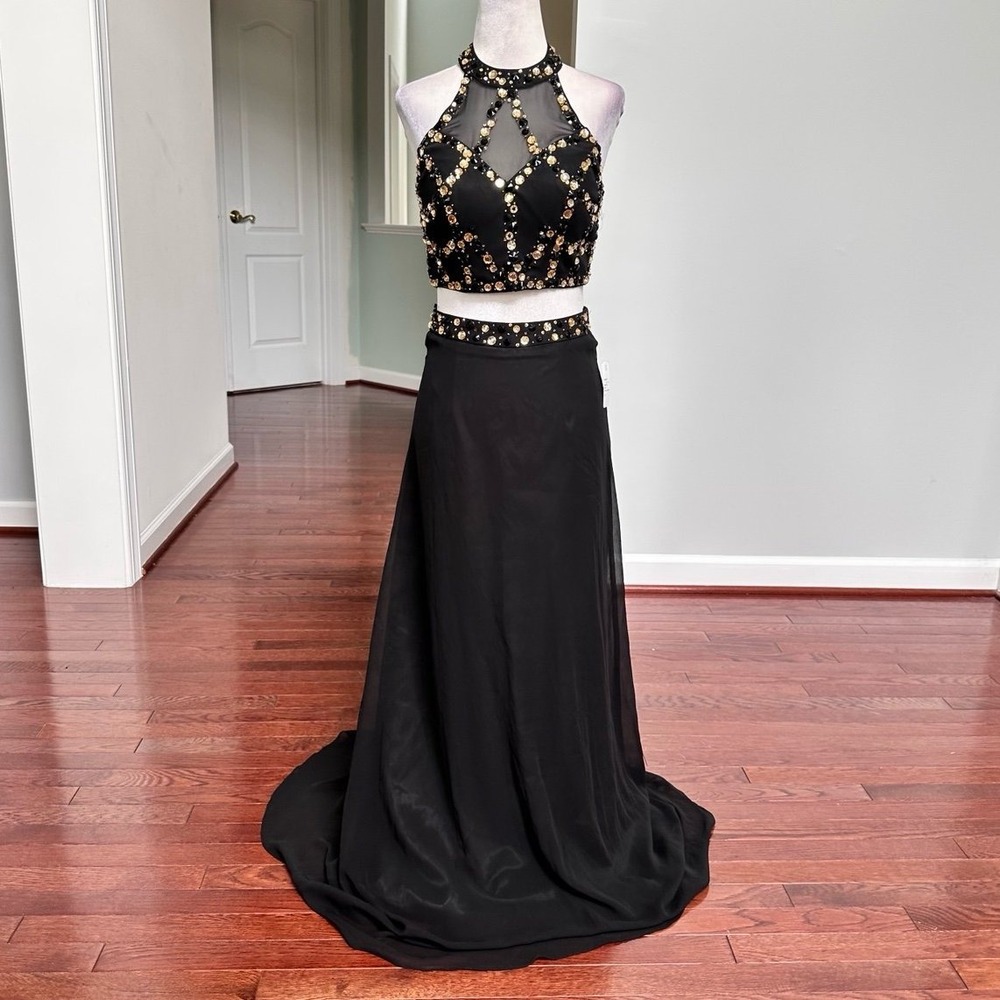 Alex and Sophia Black Gold Beaded 2 Piece Matching Maxi Skirt & Crop Top Set